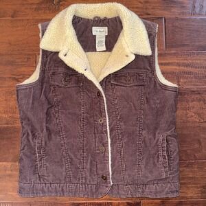 L.L. Bean Brown Corduroy Vest Sherpa Fleece Lined Women Size Large Vintage